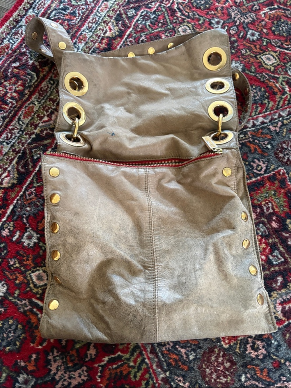 Hammitt Taupe Leather Shoulder Bag with Gold Hardware and Red Zip - Picture 4 of 4